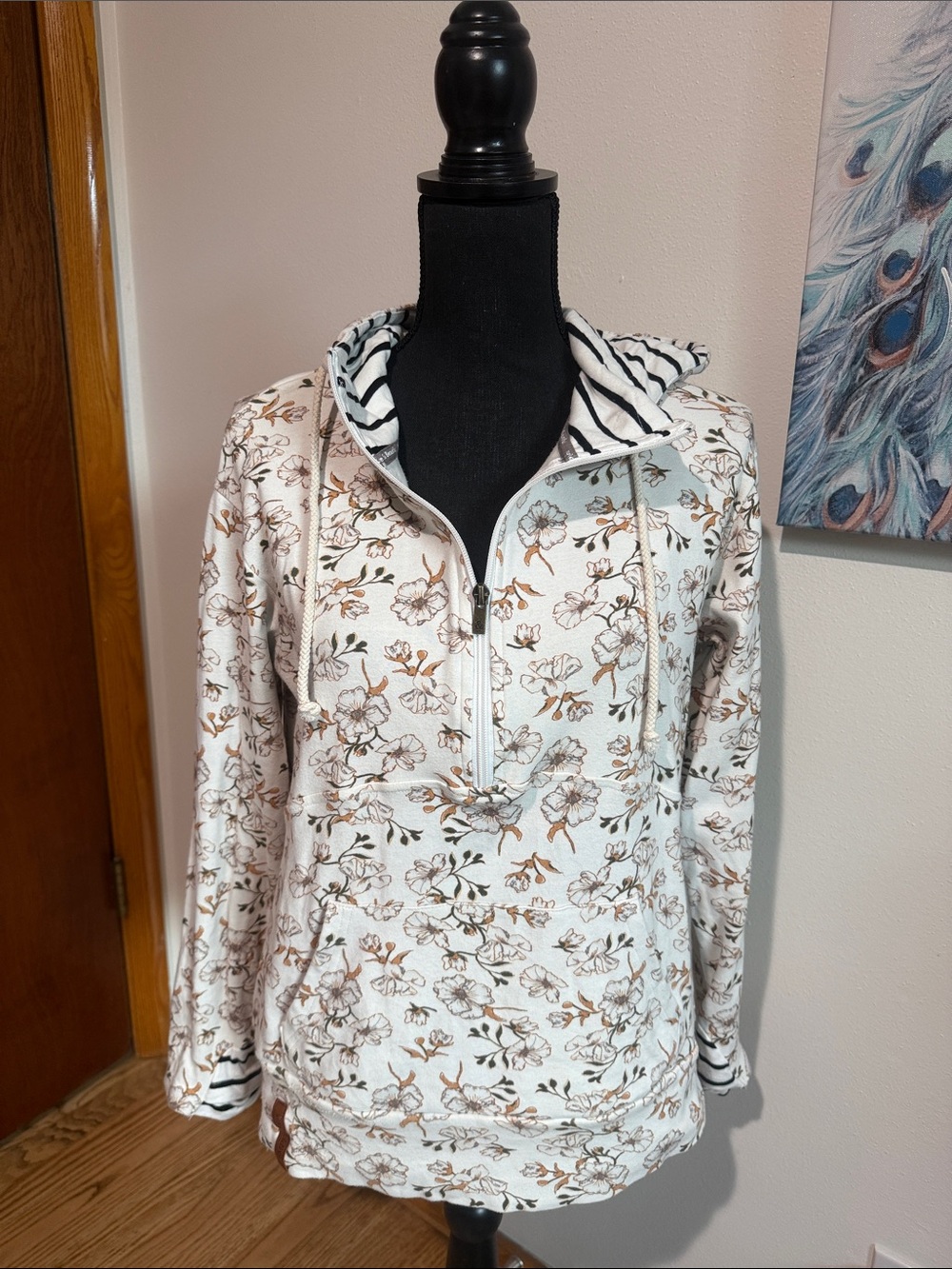 AMPERSAND AVE Cream Floral Half-Zip Hoodie with Striped Hood